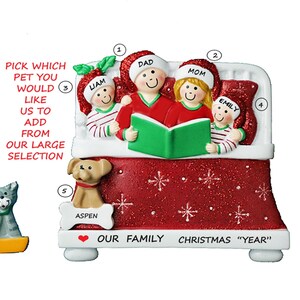 Reading Bedtime Stories Family of 4 Personalized Ornament with Custom Dog, Cat or Bunny Added - Family 4 with Dog