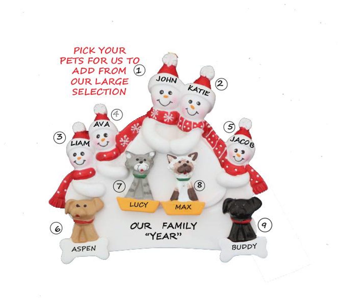 Snow Family of 5 Personalized Ornament With 4 Dogs, Cats or Bunnies ...