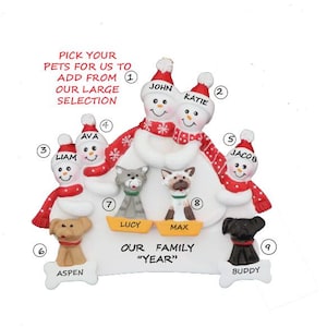 Snow Family of 5 Personalized Ornament with 4 Dogs, Cats or Bunnies Added -Family of Five Personalized Ornament with 4 Custom Pets Added