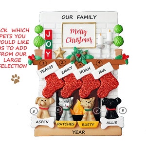 Family of 4 with 4 Pets Added Fireplace Ornament - Fireplace Ornament - Family with Pet Fireplace Personalized Christmas Ornament