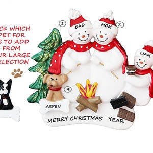 Snowman Family 3 Personalized Ornament with Dog or Cat Added - Family of Three Personalized Ornament with Custom Dog, Cat or Pet Added