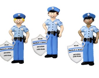 Police Officer Personalized Christmas Ornament -Male or Female Brown, Blonde Hair, or Dark Skin-Protect & Serve Police Personalized Ornament