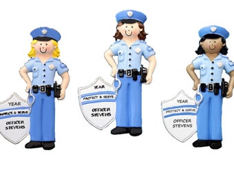 Police Officer Personalized Christmas Ornament -Female or Male Brown, Blonde Hair, or Dark Skin-Protect & Serve Police Personalized Ornament