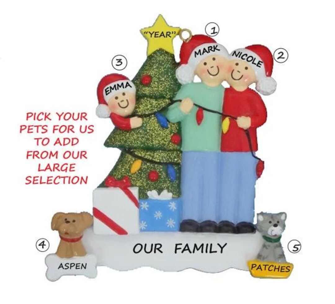 Family of 3 Personalized Ornament With 2 Dogs or Cats Added Decorating ...