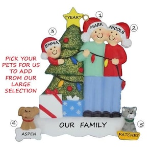 Family of 3 Personalized Ornament with 2 Dogs or Cats Added Decorating Tree - Family of Three Personalized Ornament with Dog or Cat Added