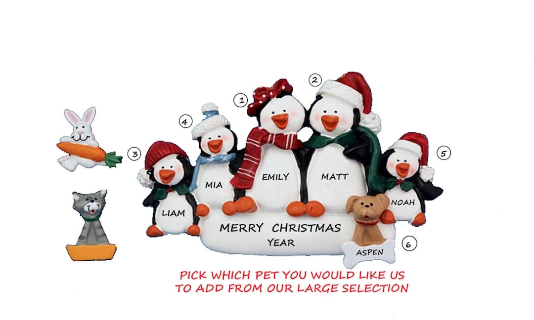 Personalized Family of 5 Penguin Ornament With Custom Dog, Cat or Bunny ...
