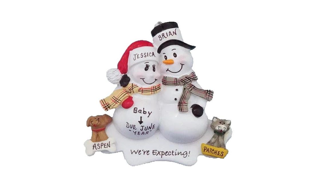 Expecting Snow Couple Personalized Christmas Ornament With 2 Dogs, Cats ...