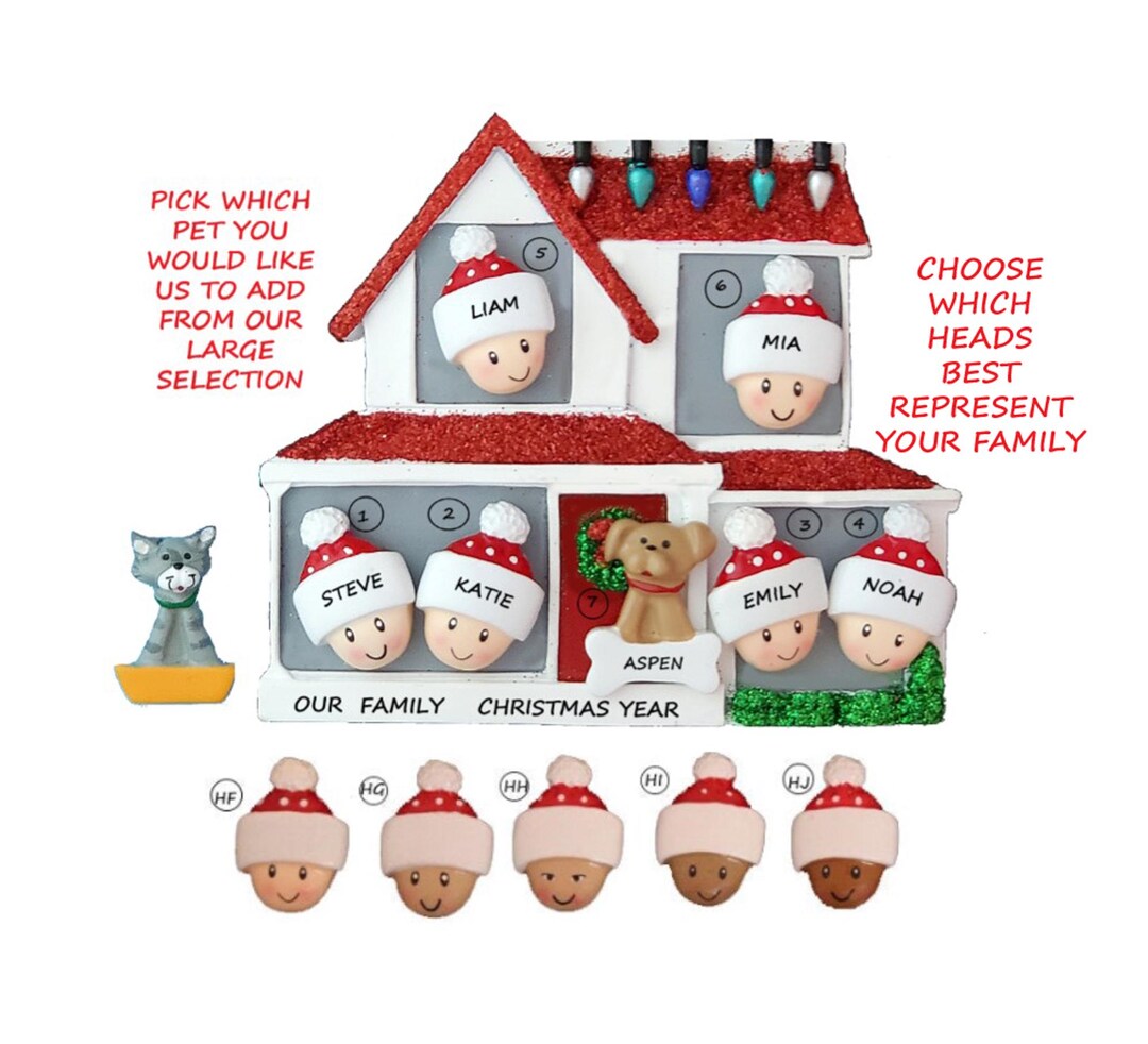 Personalized Family of 6 Home Ornament With Dog or Cat Added-6 People ...