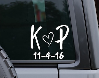 Calcomanía personalizada con iniciales de pareja, calcomanía con fecha de boda, calcomanía con fecha de aniversario, calcomanía de vinilo con forma de corazón, calcomanías personalizadas, calcomanía para auto, regalo para pareja