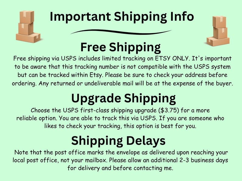 Puede incluir: Un fondo verde con texto blanco que explica las opciones de env&iacute;o para los pedidos de Etsy. El texto incluye informaci&oacute;n sobre el env&iacute;o gratuito, la actualizaci&oacute;n del env&iacute;o y los retrasos en el env&iacute;o. El texto tambi&eacute;n menciona que el env&iacute;o gratuito incluye un seguimiento limitado solo en Etsy y que el n&uacute;mero de seguimiento no es compatible con el sistema USPS. El texto tambi&eacute;n menciona que la actualizaci&oacute;n del env&iacute;o cuesta $ 3,75 e incluye el seguimiento a trav&eacute;s de USPS. El texto tambi&eacute;n menciona que la oficina de correos marca el sobre como entregado al llegar a la oficina de correos local, no al buz&oacute;n. El texto tambi&eacute;n menciona que se deben permitir 2-3 d&iacute;as h&aacute;biles adicionales para la entrega.