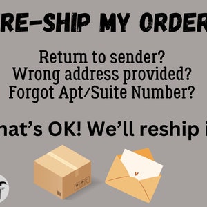 May include: A brown cardboard box and a brown envelope with a white letter inside. The text on the image reads "RE-SHIP MY ORDER" and "Return to sender? Wrong address provided? Forgot Apt/Suite Number? That's OK! We'll reship it".