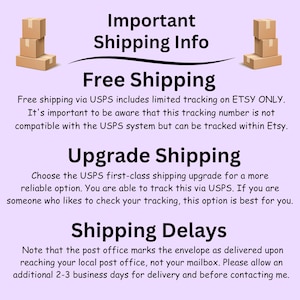 K&ouml;nnte beinhalten: Bild mit wichtigen Versandinformationen, einschlie&szlig;lich kostenlosem Versand &uuml;ber USPS mit begrenzter Etsy-Verfolgung, Upgrade-Optionen und m&ouml;glichen Verz&ouml;gerungen. Enth&auml;lt Illustrationen von gestapelten Pappkartons.