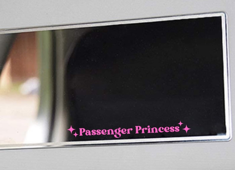Op de afbeelding: Een zwarte rechthoekige spiegel met een zilveren frame. De spiegel heeft een roze sticker met de tekst "Passenger Princess" en twee kleine sterren aan weerszijden van de tekst.