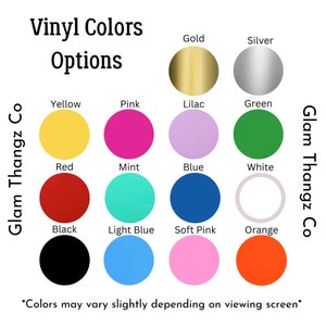 K&ouml;nnte beinhalten: Eine Farbkarte mit Vinylfarben, darunter Gold, Silber, Gelb, Pink, Lila, Gr&uuml;n, Rot, Mint, Blau, Wei&szlig;, Schwarz, Hellblau, Rosa und Orange. Der Text lautet "Vinylfarben Optionen" und "Glam Thangz Co."