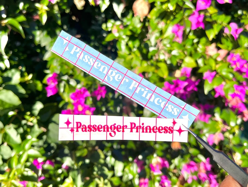 Op de afbeelding: Twee witte vinyl stickers met de tekst "Passenger Princess" in roze letters. De stickers zitten op een geruit achterblad en worden met een pincet van de ondergrond gehaald.