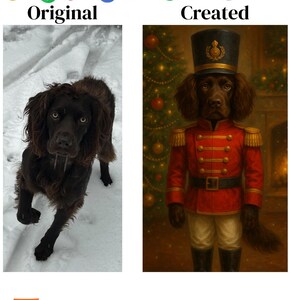 Op de afbeelding: Een digitale schildering van een hond verkleed als notenkrakersoldaat. De hond draagt een rood jasje met gouden accenten, een witte broek en een zwarte hoed. De achtergrond toont een kerstboom en een open haard.