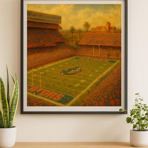 May include: Framed artwork depicting a football field with the word "GATORS" in the end zone. The stadium is filled with spectators, and the sky has a warm, golden hue. The word "FLORIDA" is visible on the top of the stadium.