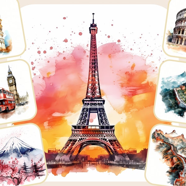 54 Travel and Landmarks Watercolor | High Resolution | PNG Format | Ideal for Scrapbooking, DIY Crafts | Instant Download