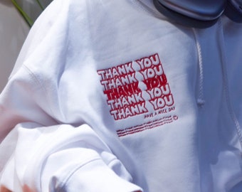Embroidered Hoodie Aesthetic Sweatshirt Oversized Cozy Hoodie Thank You Bag Inspired Sweater Gift for Him Gift for Her