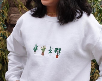 Embroidered Plant Sweater, Boho Cozy Sweater, Cottagecore Crewneck, House Plant Sweatshirt, Indoor Plant Gift For Her, Embroidered Plants