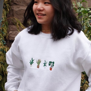 Embroidered Plant Sweater, Boho Cozy Sweater, Cottagecore Crewneck, House Plant Sweatshirt, Indoor Plant Gift For Her, Embroidered Plants image 1