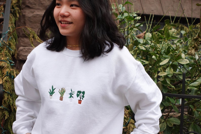 Embroidered Plant Sweater, Boho Cozy Sweater, Cottagecore Crewneck, House Plant Sweatshirt, Indoor Plant Gift For Her, Embroidered Plants image 1