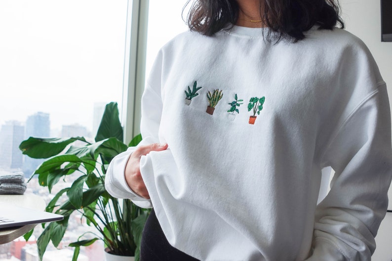 Embroidered Plant Sweater, Boho Cozy Sweater, Cottagecore Crewneck, House Plant Sweatshirt, Indoor Plant Gift For Her, Embroidered Plants image 3