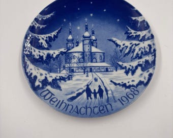 Piatto natalizio vintage Bareuther del 1968, Kappelkirche bei Waldsassen, in porcellana blu cobalto, da collezione.