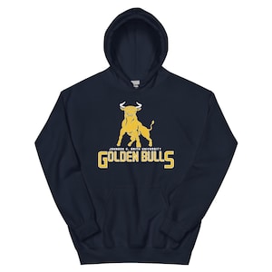 May include: Navy blue hooded sweatshirt with a gold bull logo and the text "Johnson C. Smith University Golden Bulls".