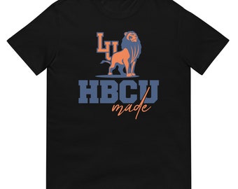 May include: Black t-shirt with an orange lion graphic and the text "HBCU made" in blue.