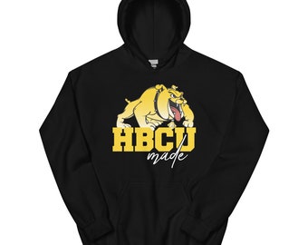 May include: Black hoodie with a yellow bulldog graphic and the text "HBCU made" in white.