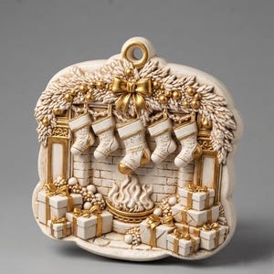 May include: Cream-coloured Christmas ornament depicting a fireplace scene with stockings, gifts, and a bow. The stockings and gifts have gold accents. The ornament has a loop for hanging.