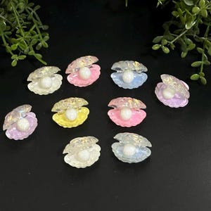 Peut inclure: Une collection de perles en forme de coquillage irisé avec un centre de perle. Les perles sont de différentes couleurs, dont le rose, le bleu, le jaune et le blanc. Les perles sont disposées sur une surface noire, avec un feuillage vert en arrière-plan.