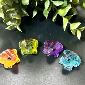 Può includere: Quattro piccole figurine di rana traslucide nei toni dell'arancione, giallo, verde, viola e blu. Le rane sono disposte su una superficie scura con fogliame verde sullo sfondo. Ogni rana ha dettagli visibili.