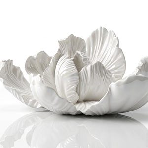 May include: A white ceramic bowl in the shape of a flower in full bloom. The bowl features detailed petal textures and sits on a reflective surface. The background is plain white, highlighting the bowl's form and design.
