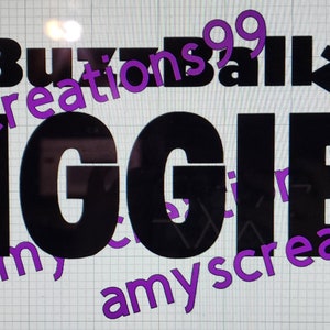 May include: Black vinyl decal with the text "BIGGIES" in large, bold letters. The text "amyscreations99" appears in smaller letters on the top and bottom of the decal.