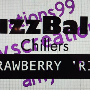 May include: Black and white graphic design with the text "BuzzBall" and "Strawberry 'Rita" on a black background.