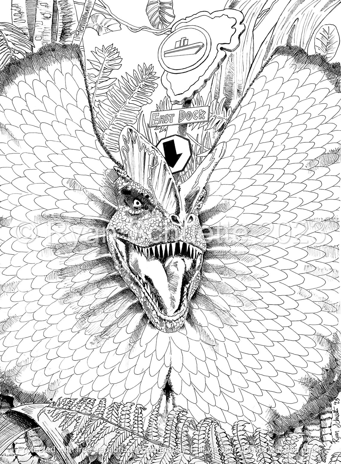 Jurassic Park Dilophosaurus | Jurassic World Coloring | Printable Adult Coloring Page | Instant ...