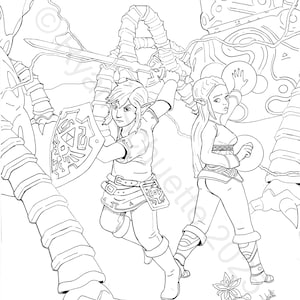 Link and Zelda - Breath of the Wild (BOTW) | Coloring, Black and White, Pen and Ink, Gaming, Digital Download, Kids and Adults
