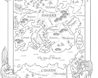 May include: A black and white illustration of a fantasy map with the title "The Realms of Odma". The map features various regions, including Ansara, Tesos, Loran, and Casan. The map is surrounded by a decorative border with a dragon and a mermaid.