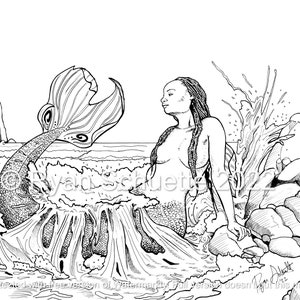 Sirena en la orilla / Ryan Schuette - Dibujo imprimible para colorear para adultos / Descarga instantánea Ilustración en escala de grises