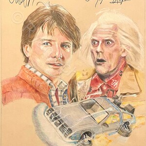 May include: A hand-drawn illustration of two characters from the movie Back to the Future. The characters are Doc Brown and Marty McFly. Doc Brown is wearing a brown jacket and a red bandana. Marty McFly is wearing a red jacket and a white and blue striped shirt. The DeLorean time machine is in the background.