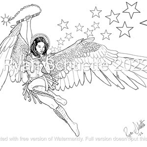 Ferocious Angel (Blowing Stars) | Ryan Schuette - Printable Adult Coloring Page | Instant Download Grayscale Illustration