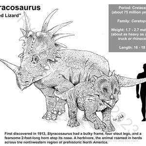 Styracosaurus | Dinosaur Fact Sheet afdrukbare kunst, Jurassic Kids Room Home Decor, afdrukbare dinosaurus kleurplaat voor kinderen, kunst aan de muur