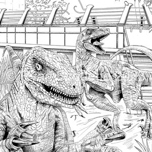 Jurassic Park Velociraptor | Jurassic World Coloring | Printable Adult Coloring Page | Instant Download Grayscale Illustration