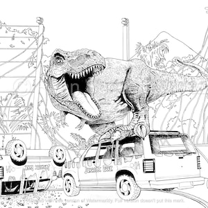 Jurassic Park T-Rex | Ryan Schuette - Jurassic World Coloring | Printable Adult Coloring Page | Instant Download Grayscale Illustration