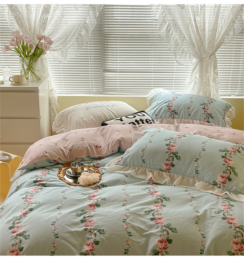Rose Vine Duvet Cover Set Pink Blue Twin Full Queen King Etsy