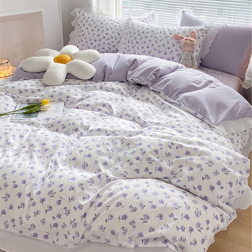 Purple Floral Duvet Cover Set Fresh Cotton Bedding Set Baby Etsy