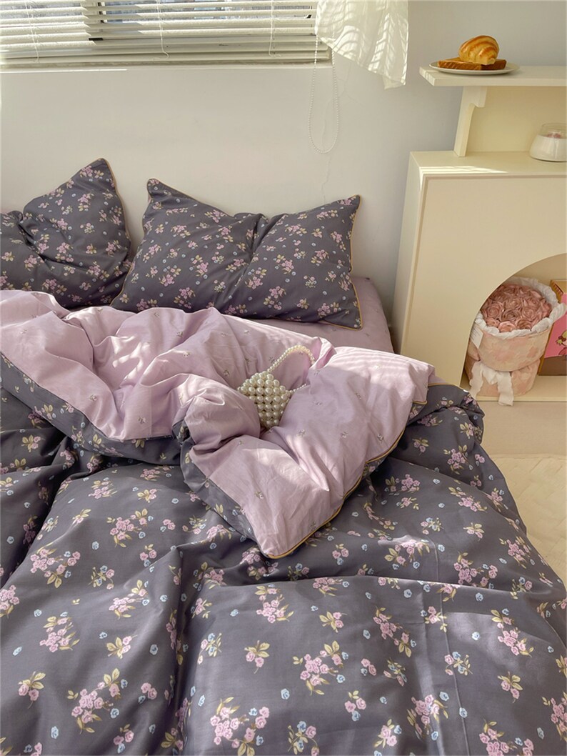 100 Cotton Vintage Purple Floral Duvet Cover Set Gentle Etsy