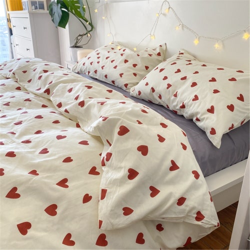 Red Heart Duvet Cover Set Cotton Bedding Sets Aesthetic Etsy